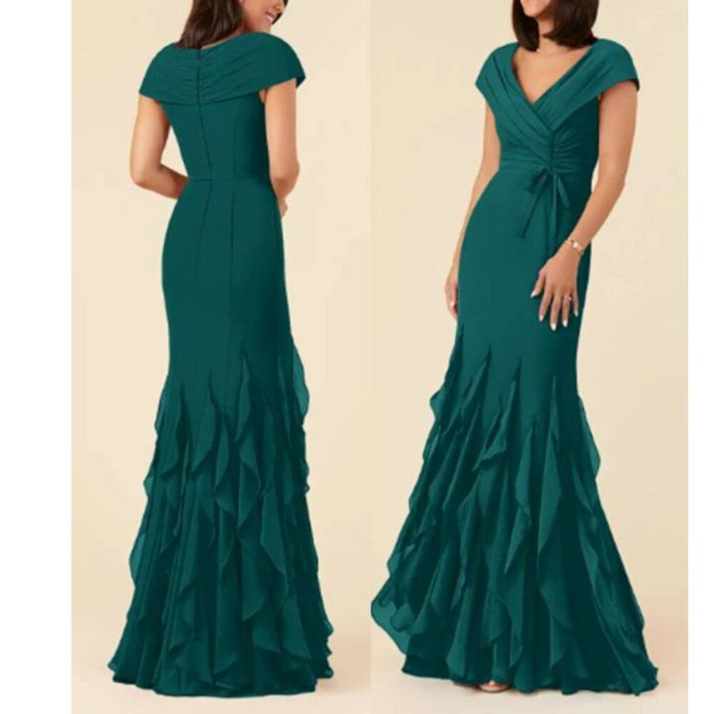 Azazie Women's Chiffon Maxi  Mermaid Dress Bailora V-neck Formal Party Pine S10